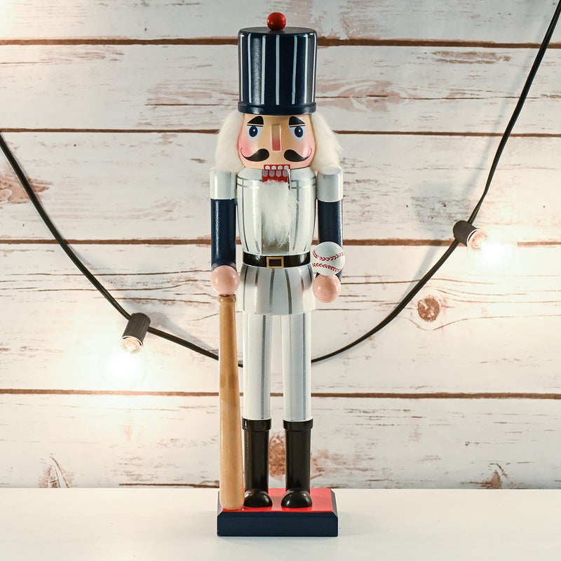 Ornativity Christmas Baseball Player Nutcracker - Baseball Player Figure with White Pin Stripe Uniform and Bat Xmas Sports Holiday Decor Nutcracker 15" - Image 2